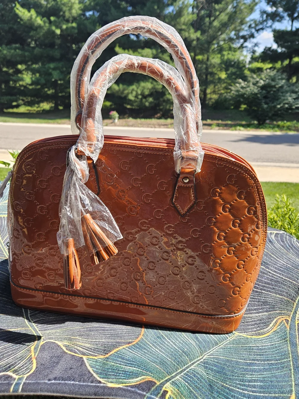 Stylish Coffee Patent  Leathet Handbag